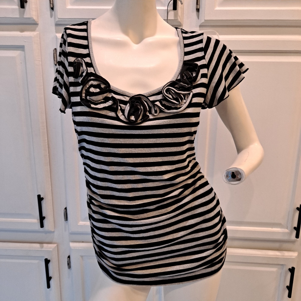 AB Studio Black and Gray Striped Short Sleeve Tee